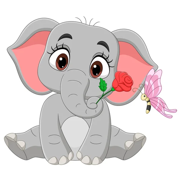 Vector Illustration Cute Baby Elephant Sitting Flowers Butterfly — Stock Vector