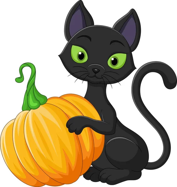Vector Illustration Cartoon Black Cat Holding Pumpkin — Stock Vector