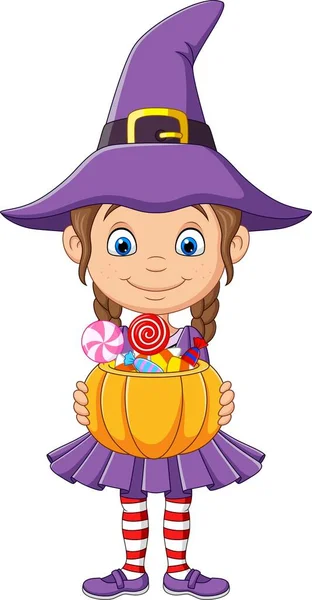 卡通小女巫拿着装有糖果的南瓜篮的病媒图解 — 图库矢量图片