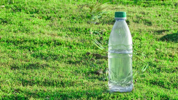 Bottle of mineral water with splash effect in the middle of a green grass background