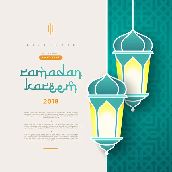 Ramadan Kareem concept banner with islamic geometric patterns and frame. Paper cut flowers, traditional lanterns, moon and stars on dark green tosca background color. Vector illustration