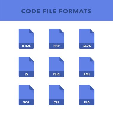 Set of code File Formats and Labels in flat icons style. Vector illustration clipart