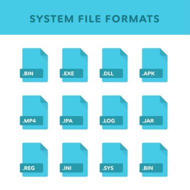 Set of system File Formats and Labels in flat icons style. Vector illustration clipart