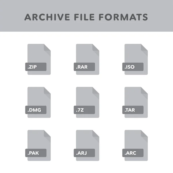 Set Dari Archive File Formats Labels Dalam Gaya Ikon Datar - Stok Vektor