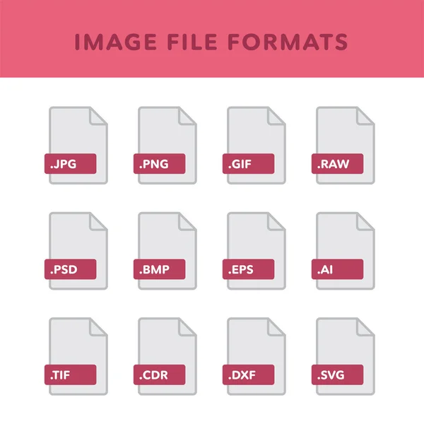 Conjunto Imagem Formatos Arquivo Etiquetas Estilo Ícones Planos Ilustração Vetorial —  Vetores de Stock