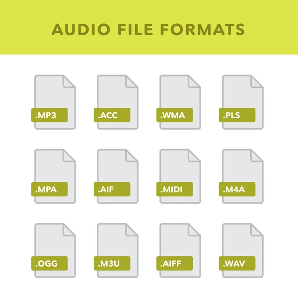 Conjunto Formatos Archivo Audio Etiquetas Estilo Iconos Planos Ilustración Vectorial — Vector de stock