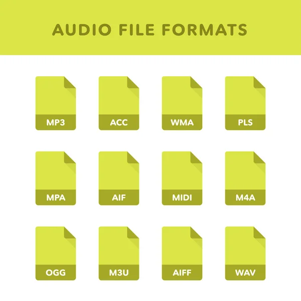 Conjunto Formatos Archivo Audio Etiquetas Estilo Iconos Planos Ilustración Vectorial — Vector de stock