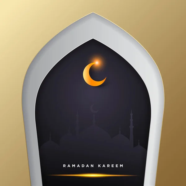 Islamisk moské dörr för ramadan Kareem vektor hälsning banner bakgrund med konst papper skära stil, glänsande måne och moské landskap. Kreativt designkort, affisch. Traditionell islamisk högtid — Stock vektor