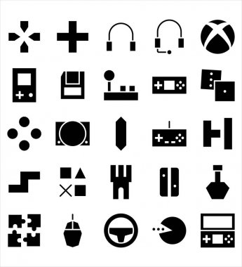 Video Oyunu vektör siyah glyph simgesi veya illüstrasyon kümesi. Kullanılabilir kontur ve renk.