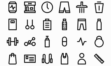 Fitness anahat siyah simge seti vektör illüstrasyon. Kullanılabilir kontur ve renk.