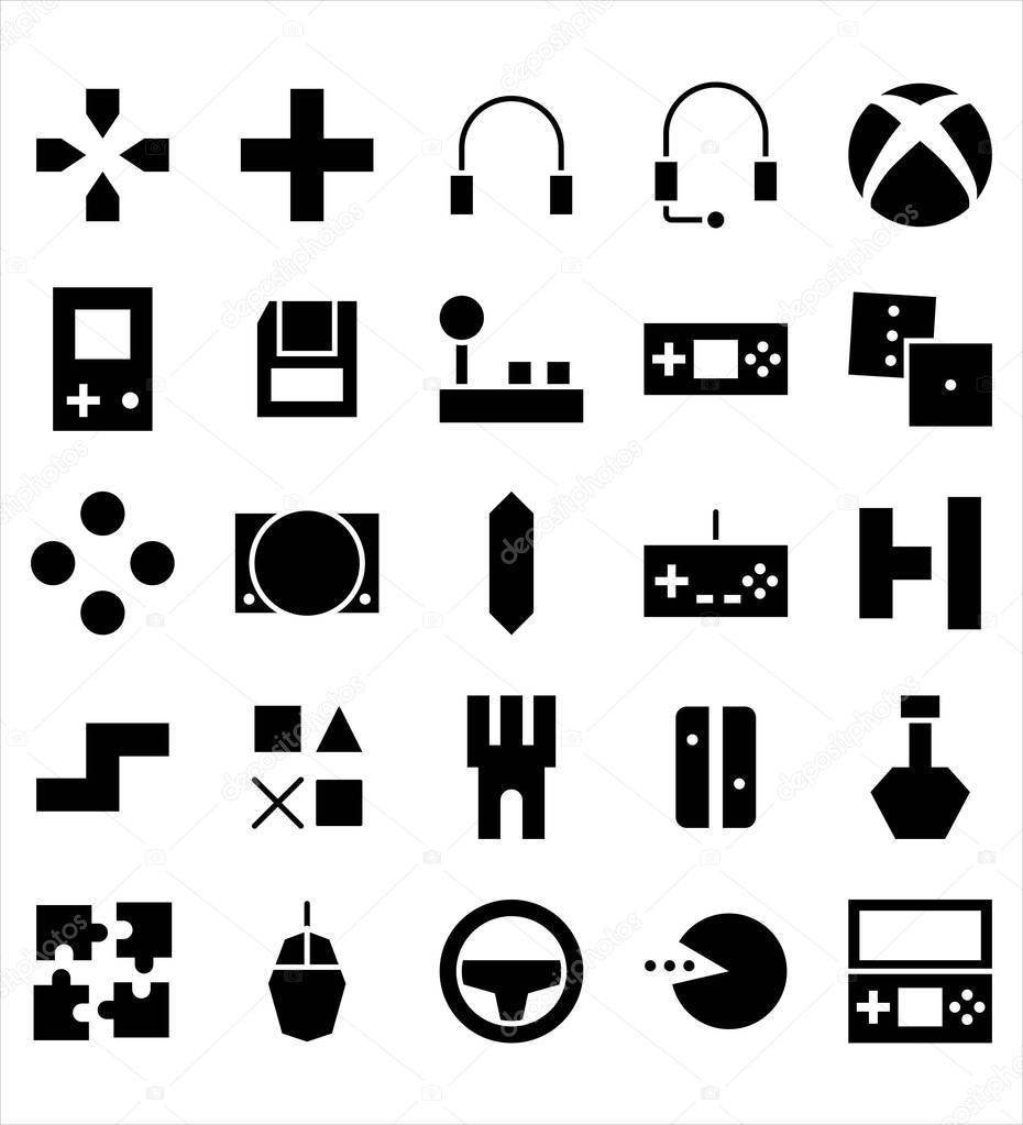 Set of Video Game vector black glyph icon or illustration. Editable stroke and color.