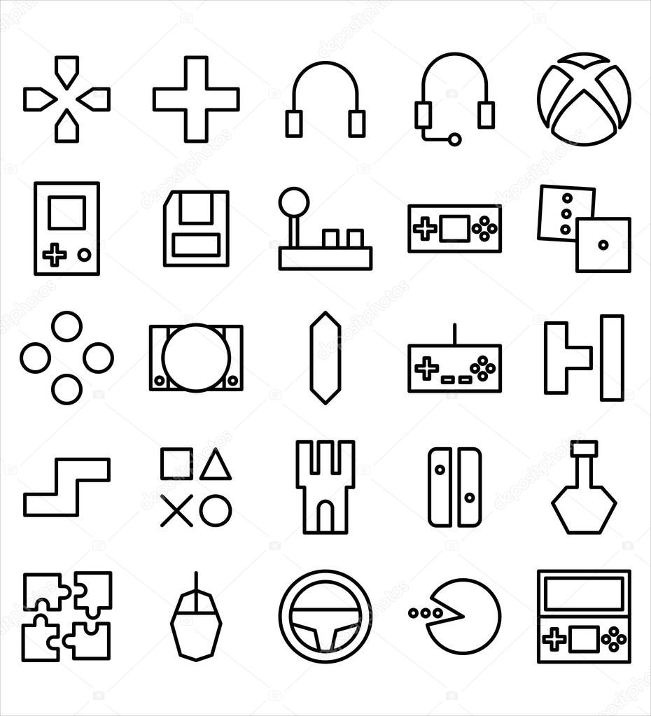 Set of Video Game vector black line icon or illustration. Editable stroke and color.