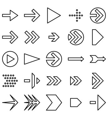 Ok Yönü Siyah Çizgi Vektör Logo Simge Seti veya İllüstrasyon. Kullanılabilir kontur ve renk.