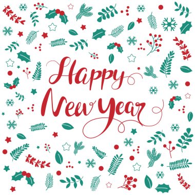 Mutlu yeni yıl el yazısıyla tipografi. Vektör çizim.