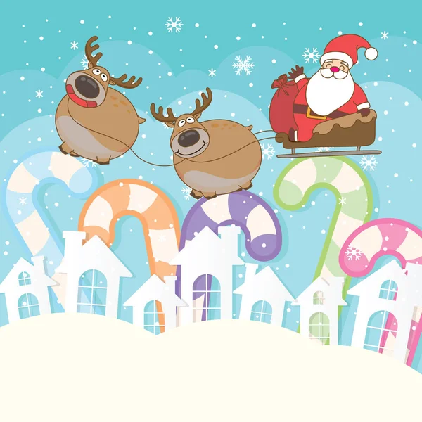 Cute Santa Claus Reindeer Cartoon Characters Snow Falling Background — Stock Vector