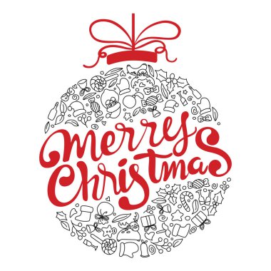 Neşeli Noel el yazısıyla tipografi doodle sanat top şeklinde.