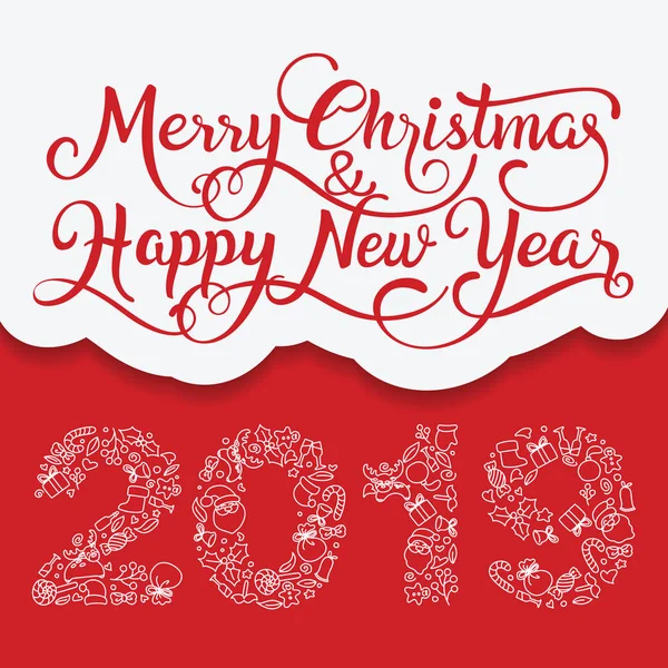 Feliz Navidad Feliz Año Nuevo 2019 Tipografía Con Doodle Art — Vector de stock