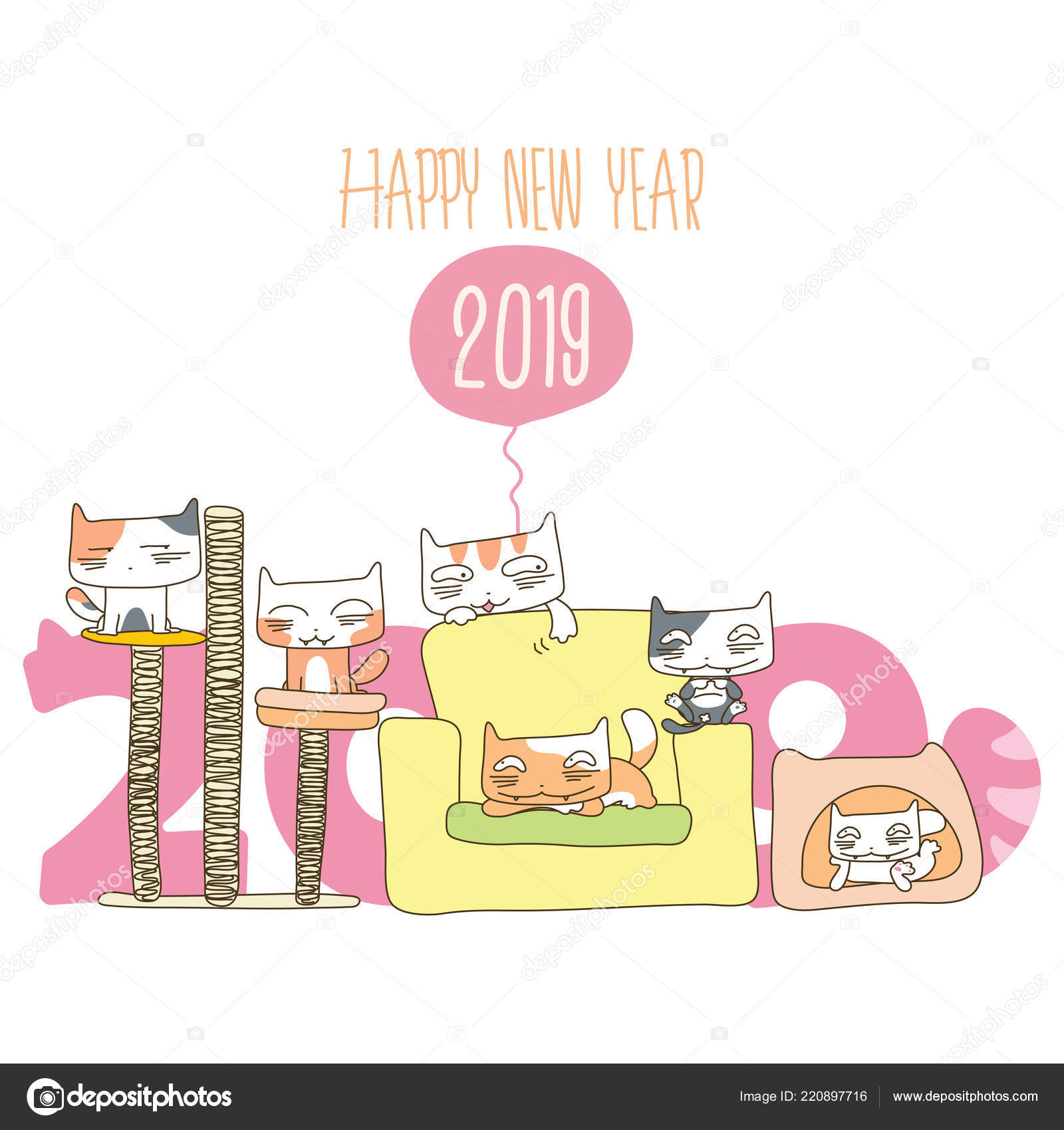 Happy New Year 19 Funny Cats Theme Stock Vector Royalty Free Vector Image By C Thongsam