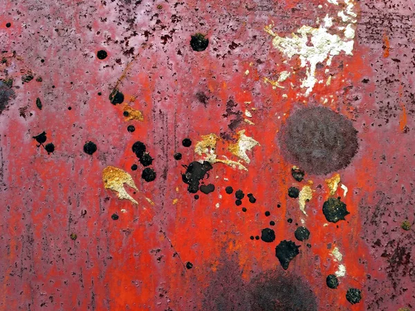 Vieille Surface Métallique Peinte Rouge Avec Taches Rouillées Goudron Noir — Photo