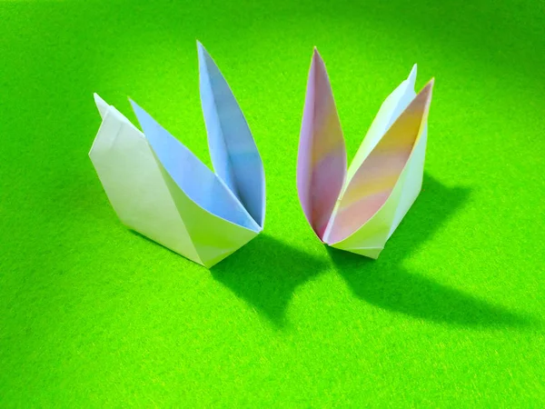 Paar Origami Hasen Mit Blauen Und Rosa Ohren Auf Grünem — Stockfoto