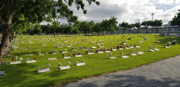 Cementerio, lápidas y flores en la hierba —  Fotos de Stock