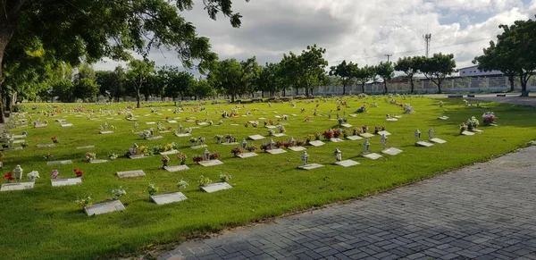Mezarlık, mezar taşları ve çimenlerde çiçekler