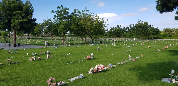 Mezarlık, mezar taşları ve çimenlerde çiçekler