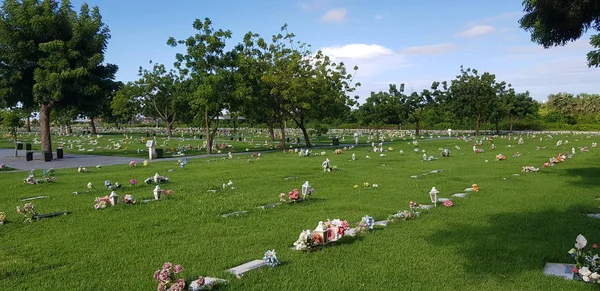 Mezarlık, mezar taşları ve çimenlerde çiçekler