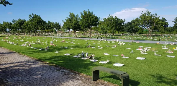Mezarlık, mezar taşları ve çimenlerde çiçekler