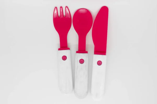 Knife Fork Spoon Plastic Red Color — Stock Photo, Image
