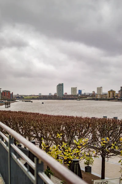 Muelle canario con el Támesis en Londres con plantas a los lados — Foto de Stock