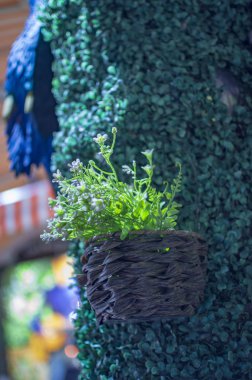 Dekorasyon malzemesi ve sahte yaprakları ve bitkiler içerir