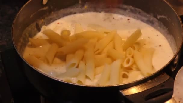Положить Соус Макарон Белый Соус Приготовить Вкусную Еду — стоковое видео