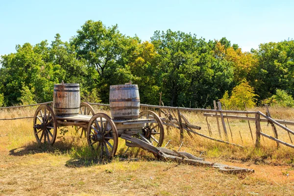 Old Wooden Wagon Loaded Barrels Rural Farm — Stock Photo, Image