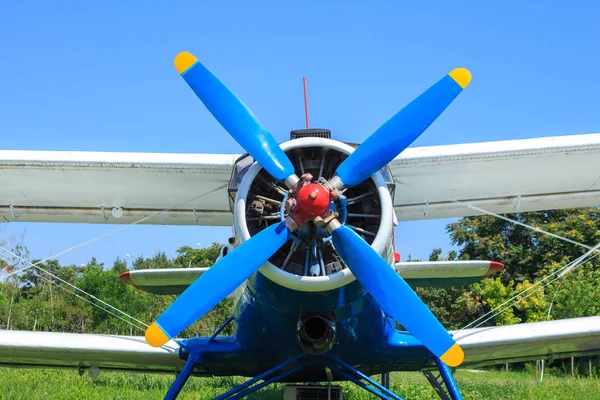 Weergave Van Oude Vliegtuig Blauw Propeller Sluit — Stockfoto