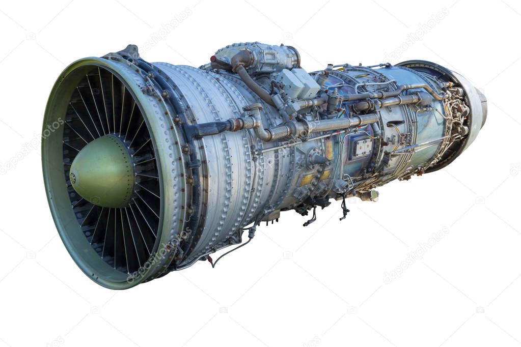 Jet plane turbine engine, isolated on white background, with work path