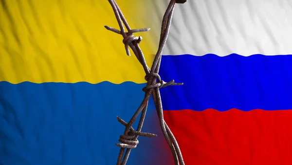 Flagi Ukrainy Rosji Podzielona Przez Barb Wire Symbol Regionalnych Konfliktów Zdjęcia Stockowe bez tantiem