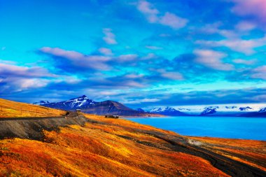 Güzel manzara - tundra arazisi parlak sarı ve turuncu yosun, çöl yolu ve mavi körfez ile kaplı Barentsburg, Svalbard (Spitsbergen Adası), Norveç, Grönland