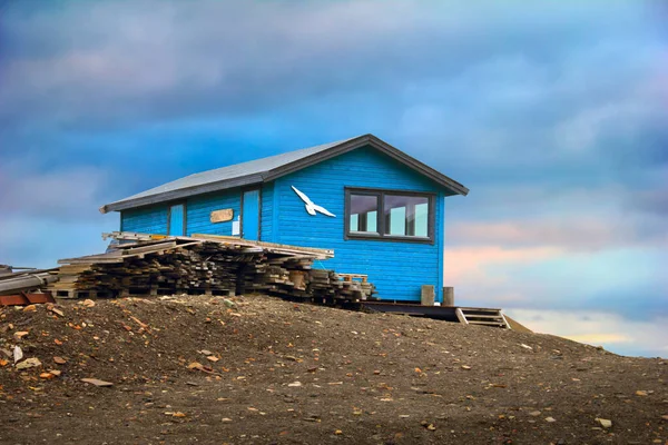 Resmedilmeye değer arktik manzara - Longyear byen, Spitsbergen (Svalbard Adası), Norveç, Grönland 'daki dramatik bulutlu gökyüzünün arka planında, çorak tundra zemininde beyaz martılı mavi renkli ahşap ev