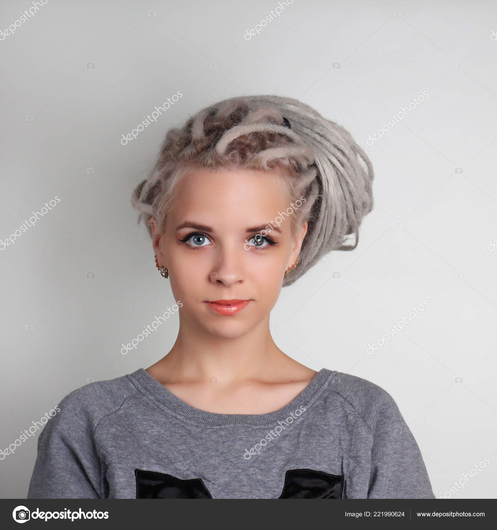 Young Beautiful Positive White Girl Dreadlocks Blue Eyes Gray