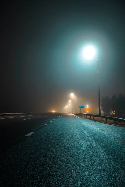 night road dark highway speed red blue  light asphalt line fog dark landscape lamp