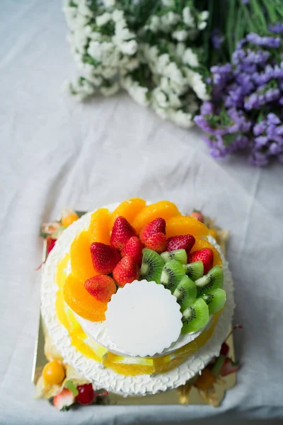 Wedding Cake Fresh Fruits Top View Copy Space — Stock Photo, Image