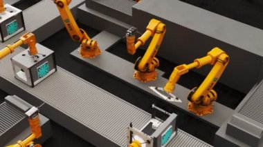 Yazıcılar bir montaj hattı üzerinde bina robot savaş silahları