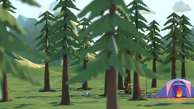 Dağ ormanda kamp. Mavi çadır, kamp ateşi ve dalgalanan bayrak