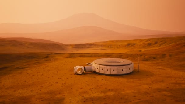 Cámara Volar Por Encima Base Que Construye Una Superficie Marte — Vídeos de Stock