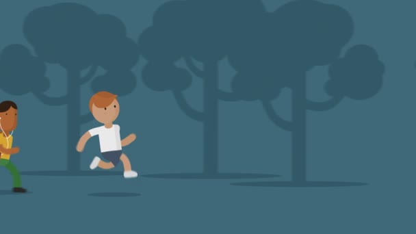 活跃女孩用耳机慢跑在男孩之前公园 — 图库视频影像