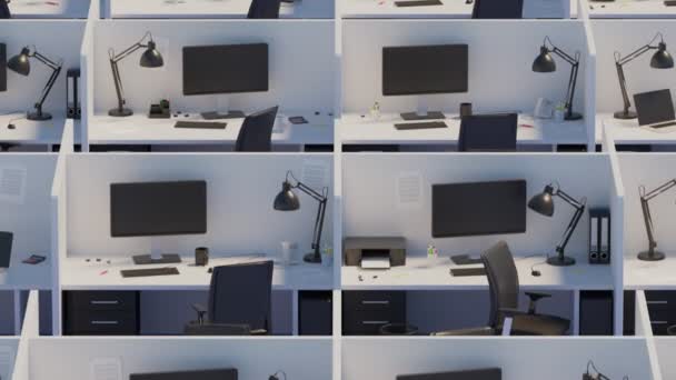 Hochwinkelblick Auf Kabinen Mit Stühlen Und Computern Modernen Büro — Stockvideo