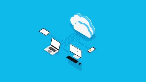 Elektronická Zařízení Připojená Velkým Cloud Modrém Pozadí — Stock video