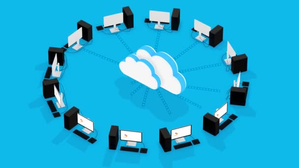 Cloud Mit Verschiedenen Computern Auf Blauem Hintergrund Verbunden — Stockvideo