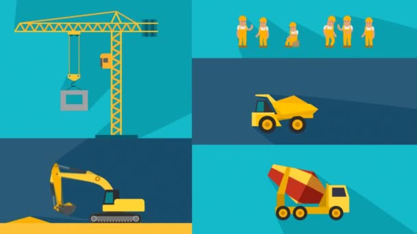 Baugruppe Mit Kran Und Arbeitern Auf Unterschiedlichem Hintergrund — Stockvideo